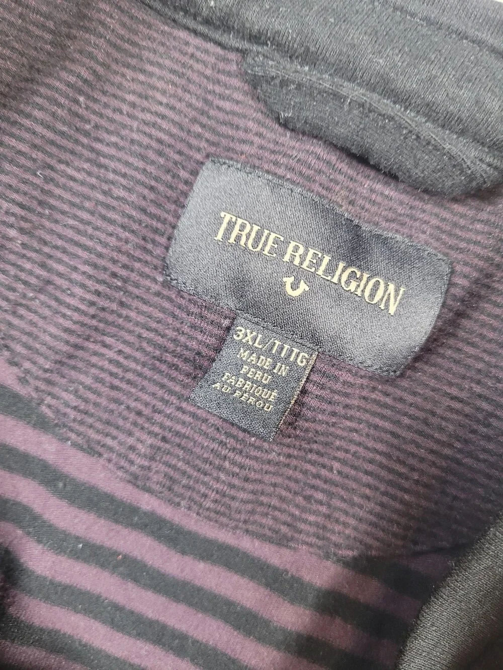 True Religion Shirt Mens 3XL Purple Black Striped Pocket Crewneck Tee MB158NH2